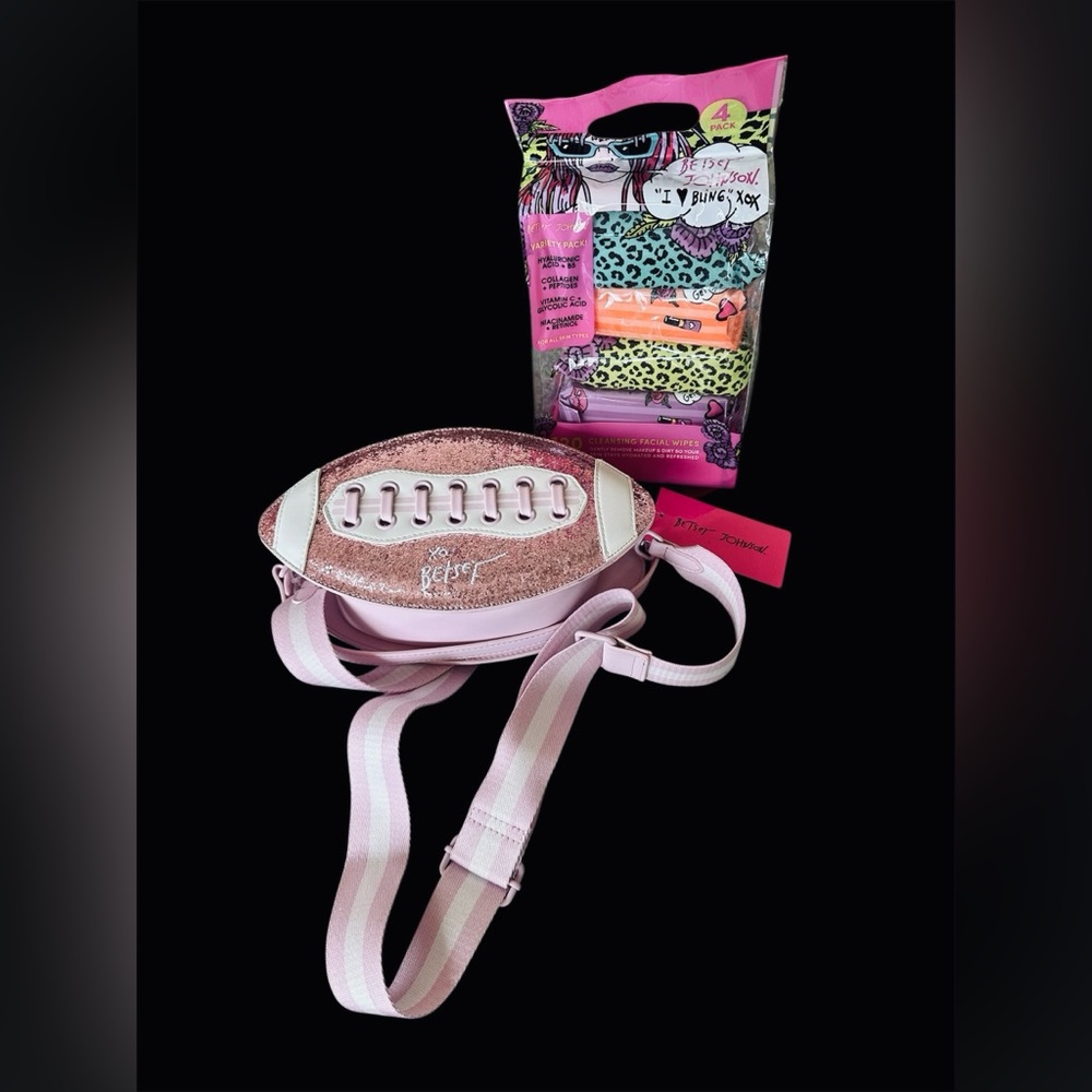 NWT Betsy Johnson Pink Glitter Football Crossbody Bag plus colorful Betsy wipes💕